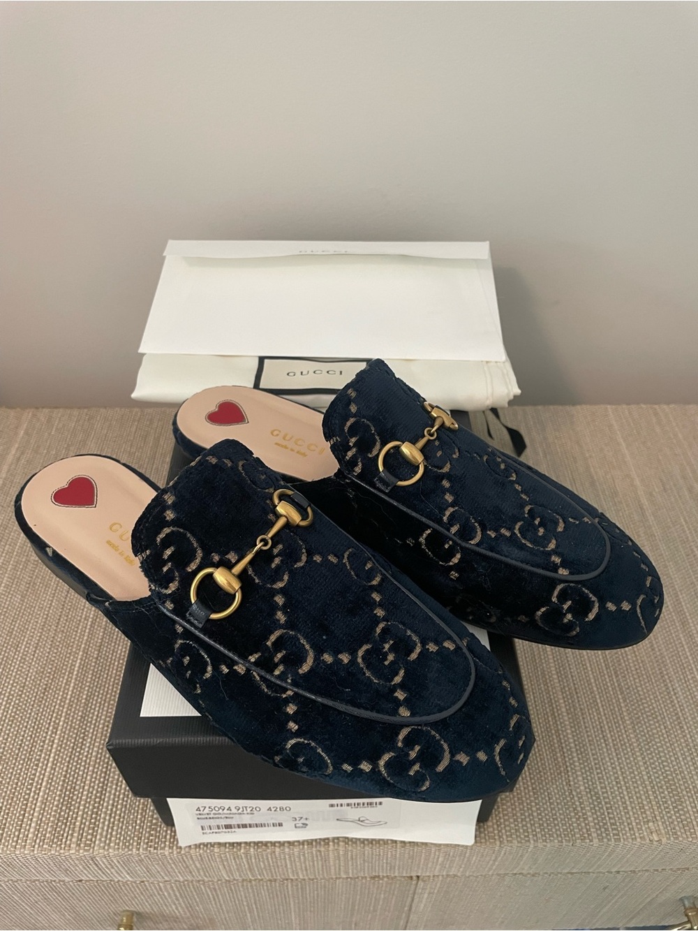 Gucci Navy and Beige Velvet GG Princeton Mule Loafer